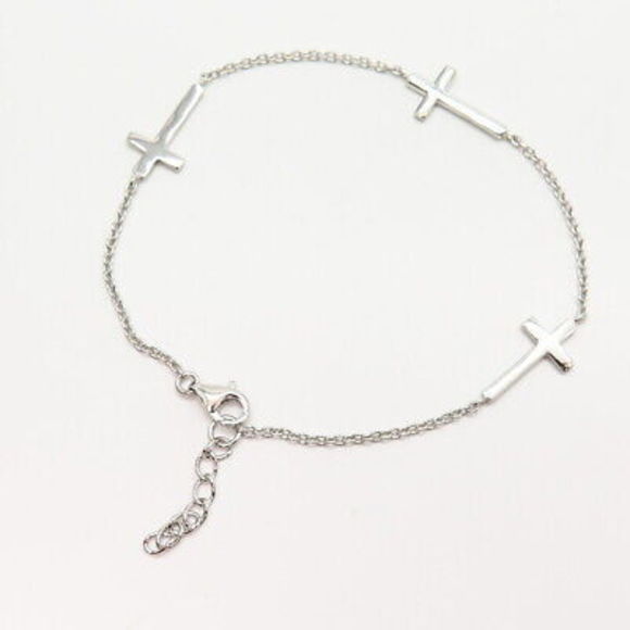 925 Sterling Silver Cross Station Rolo Link Bracelet 7.5-8.5" - Picture 3 of 5